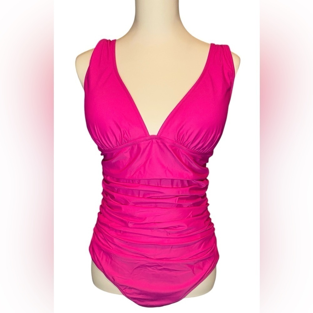 New J Crew Radiant Fuchsia Ruched V-neck One Piece Sz 2 NWT Padded Coverage Pink